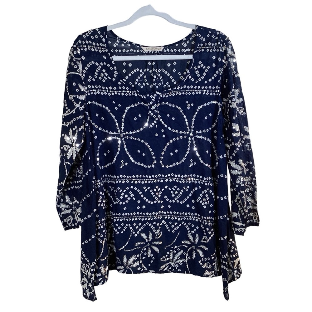 Soft Surrounding Women’s 3/4 Sleeve Scoop Neck Blouse. Navy/Ivory With Sparkle.